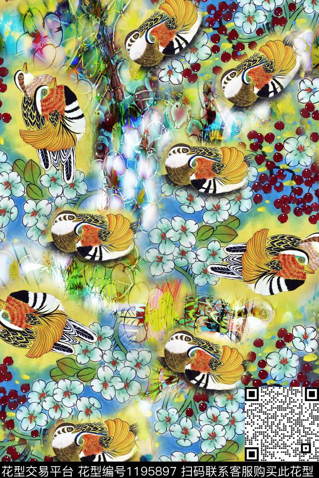 女装花鸟手绘花鸟数码印花华亿平台下载（图片编号: 1195897） - 瓦栏（Walan）