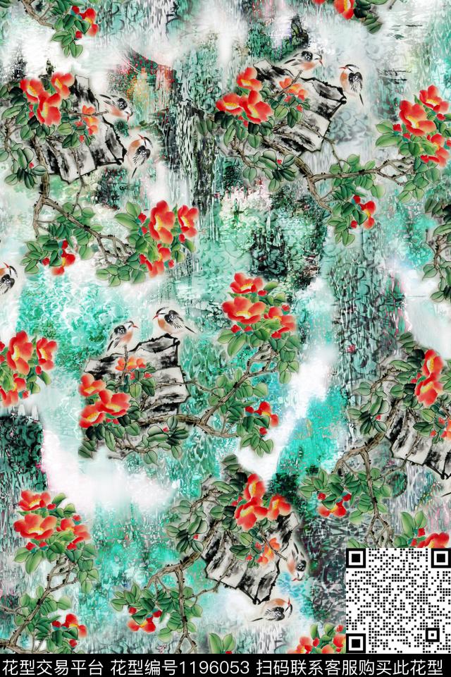 女装手绘花鸟花鸟印花数码印花华亿平台下载（图片编号: 1196053） - 瓦栏（Walan）