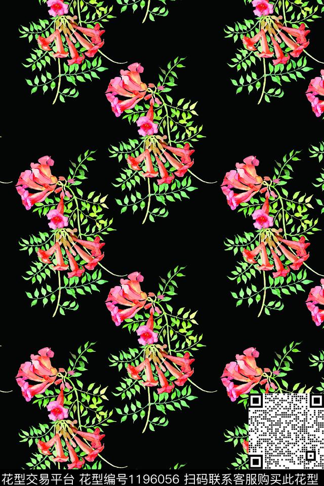 手绘花卉漂亮规则排列数码印花华亿平台下载（图片编号: 1196056） - 瓦栏（Walan）