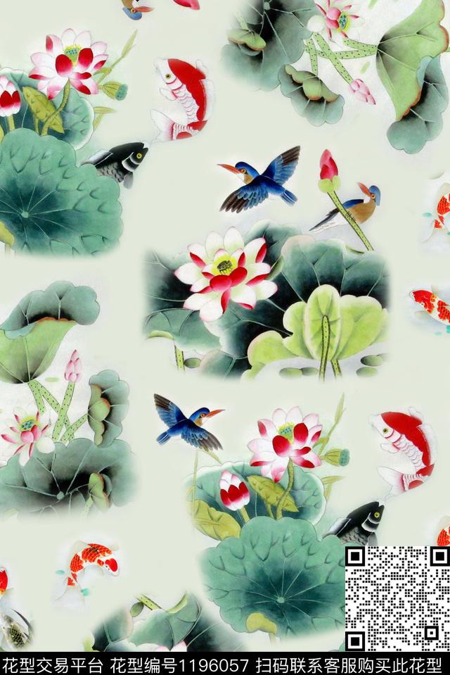 锦鲤荷花荷花图案数码印花华亿平台下载（图片编号: 1196057） - 瓦栏（Walan）