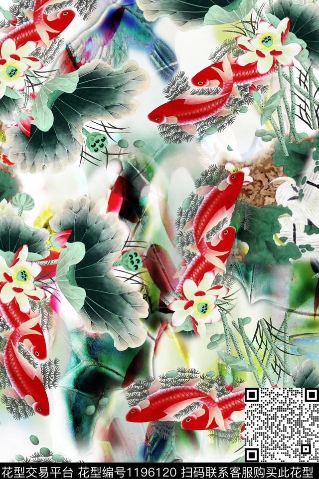 锦鲤荷花荷花图案数码印花华亿平台下载（图片编号: 1196120） - 瓦栏（Walan）