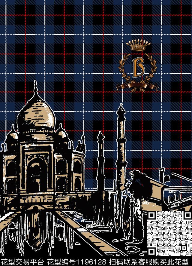 时尚格子底纹欧美罗马手绘建筑麦穗丝带皇冠数码印花华亿平台下载（图片编号: 1196128） - 瓦栏（Walan）