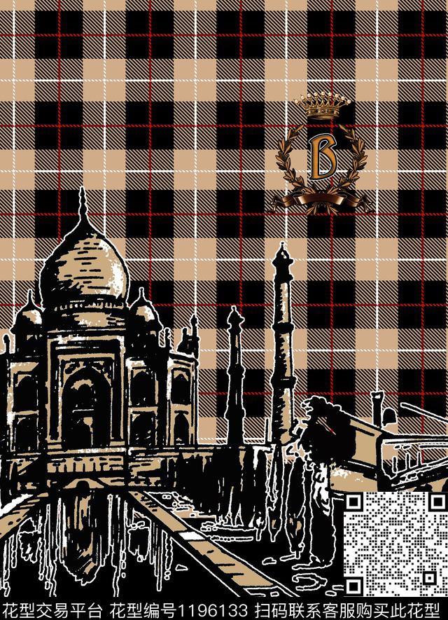 时尚格子底纹欧美罗马手绘建筑麦穗丝带皇冠数码印花华亿平台下载（图片编号: 1196133） - 瓦栏（Walan）
