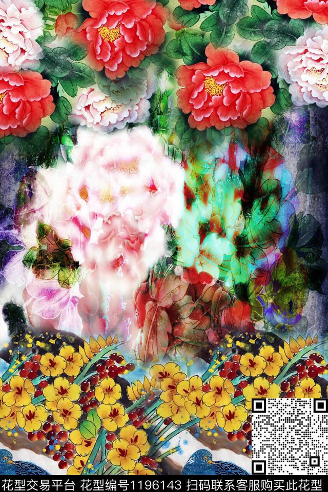 女装手绘花鸟花鸟印花数码印花华亿平台下载（图片编号: 1196143） - 瓦栏（Walan）