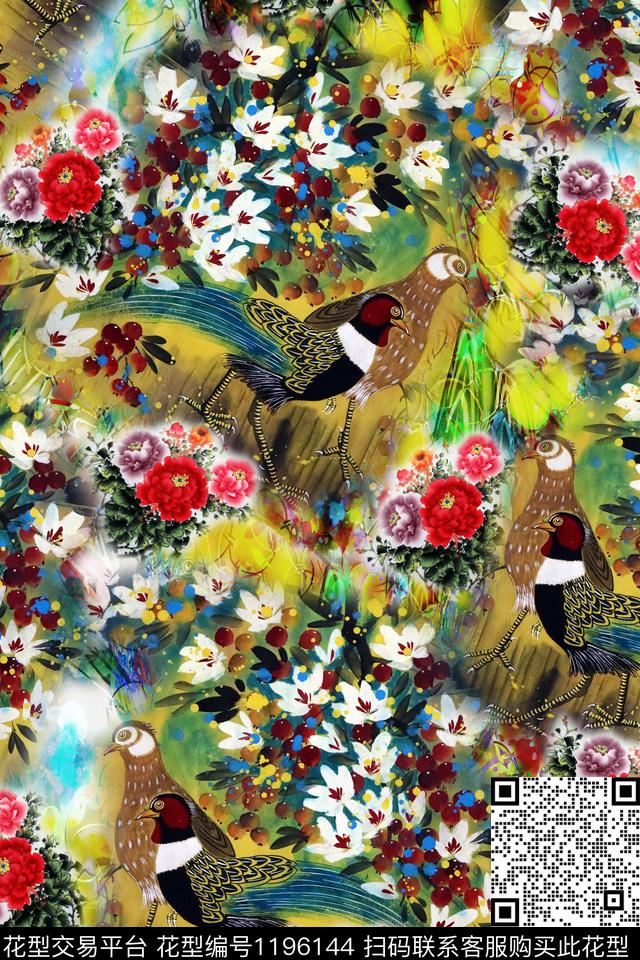 女装手绘花鸟花鸟印花数码印花华亿平台下载（图片编号: 1196144） - 瓦栏（Walan）