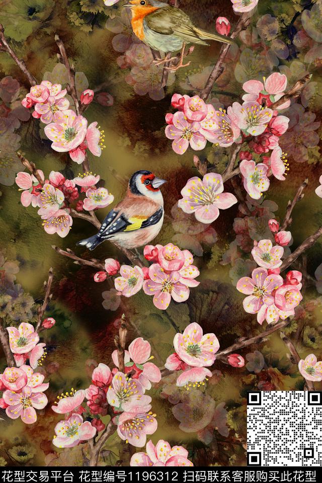 梅花水彩花卉数码印花华亿平台下载（图片编号: 1196312） - 瓦栏（Walan）