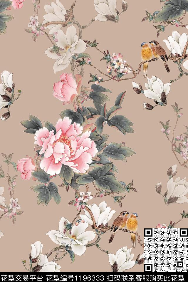 大牌风玉兰花鸟数码印花华亿平台下载（图片编号: 1196333） - 瓦栏（Walan）