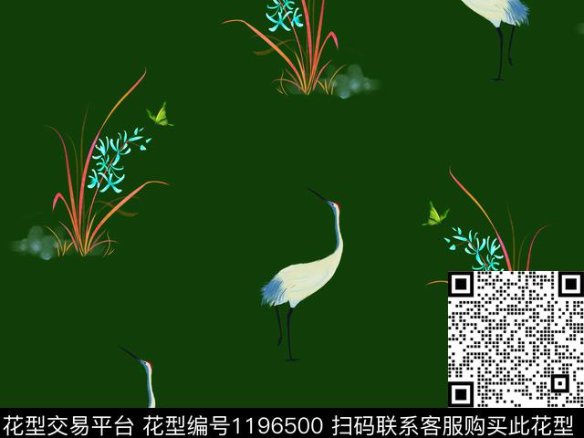 兰花仙鹤花卉蝴蝶数码印花华亿平台下载（图片编号: 1196500） - 瓦栏（Walan）