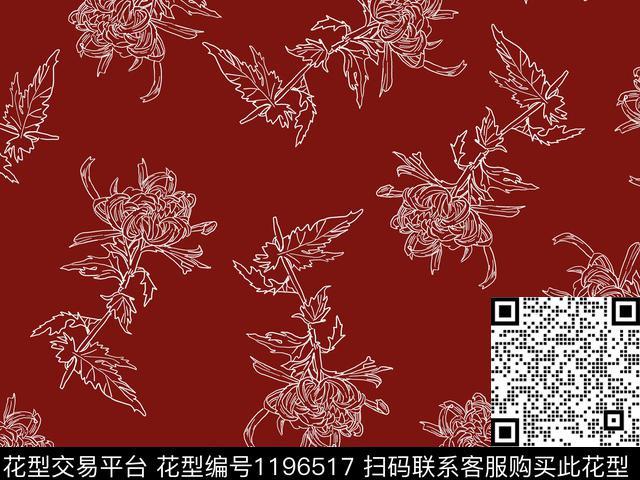 线条画菊花散点排列传统印花华亿平台下载（图片编号: 1196517） - 瓦栏（Walan）