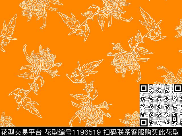 线条画菊花散点排列传统印花华亿平台下载（图片编号: 1196519） - 瓦栏（Walan）