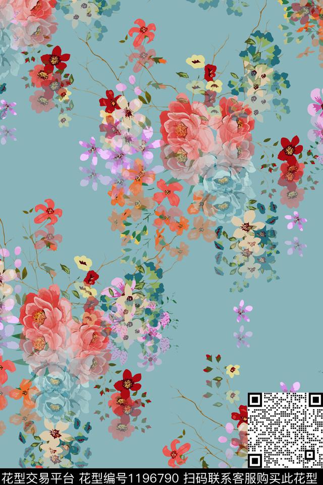 女装花卉满版散花数码印花华亿平台下载（图片编号: 1196790） - 瓦栏（Walan）