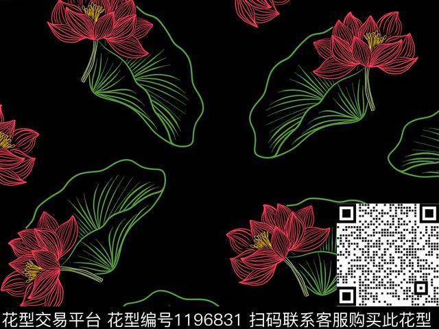 线条画荷花美丽传统印花华亿平台下载（图片编号: 1196831） - 瓦栏（Walan）