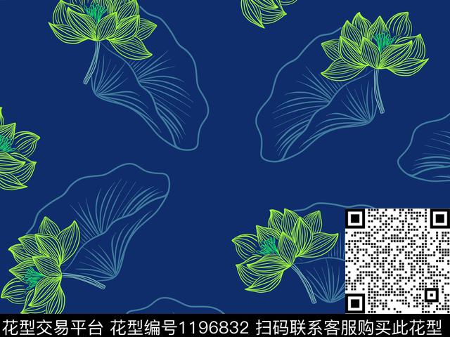 线条画荷花美丽传统印花华亿平台下载（图片编号: 1196832） - 瓦栏（Walan）