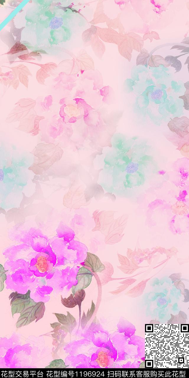 时尚女装朦胧花卉数码印花华亿平台下载（图片编号: 1196924） - 瓦栏（Walan）