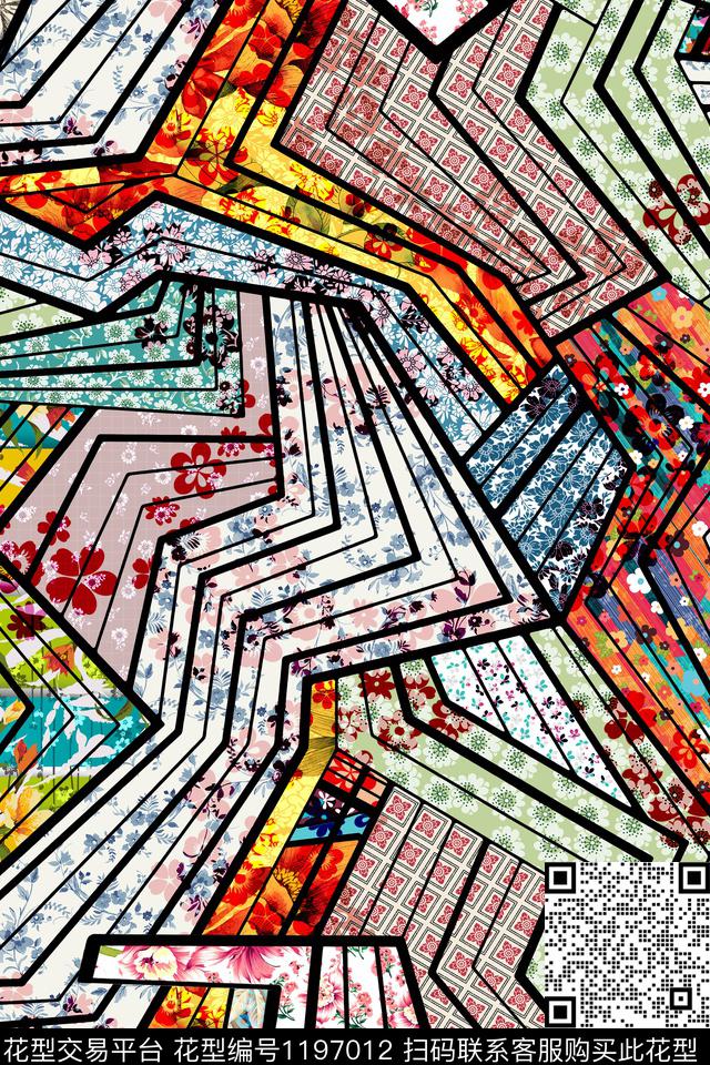 几何花卉大牌风数码印花华亿平台下载（图片编号: 1197012） - 瓦栏（Walan）