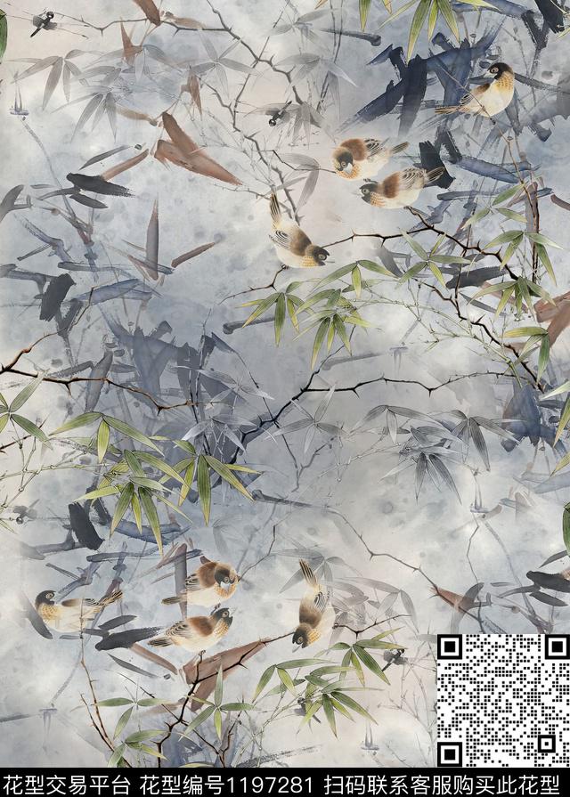 鸟/昆虫竹子中国风数码印花华亿平台下载（图片编号: 1197281） - 瓦栏（Walan）