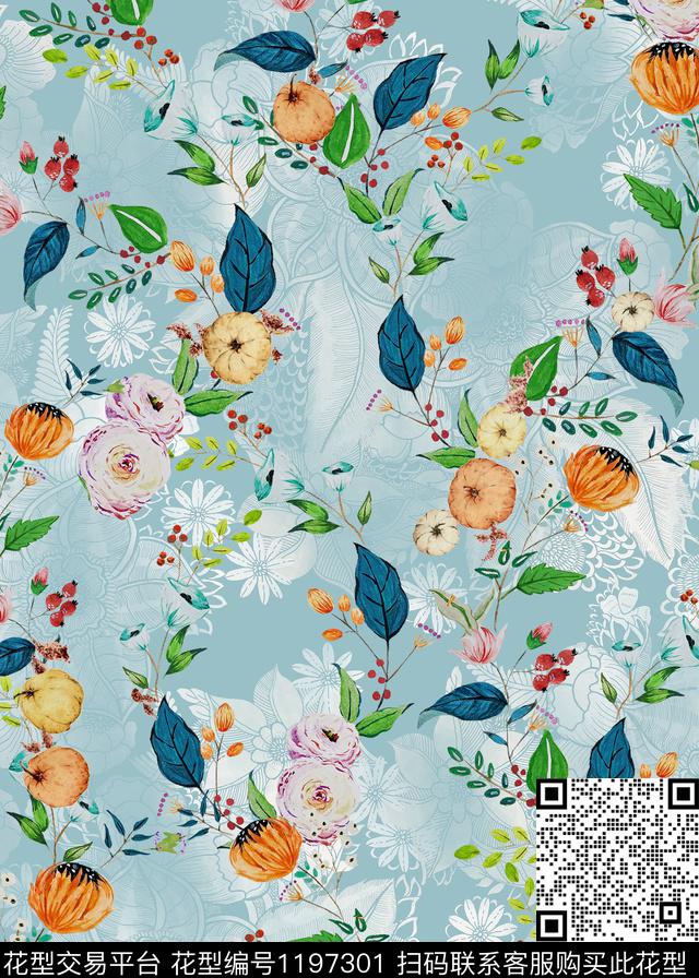 水彩花卉藤蔓抽象花卉数码印花华亿平台下载（图片编号: 1197301） - 瓦栏（Walan）