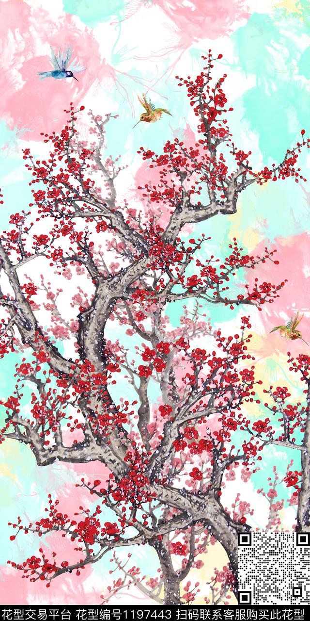 梅花花卉鸟数码印花华亿平台下载（图片编号: 1197443） - 瓦栏（Walan）