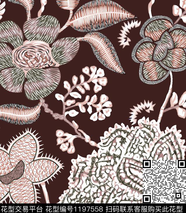 绣花华亿平台男装绣花线条花卉传统印花华亿平台下载（图片编号: 1197558） - 瓦栏（Walan）