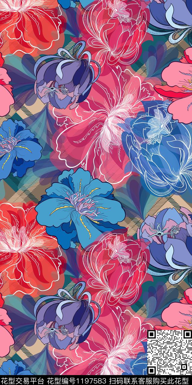 抽象花卉混合拼接数码印花华亿平台下载（图片编号: 1197583） - 瓦栏（Walan）