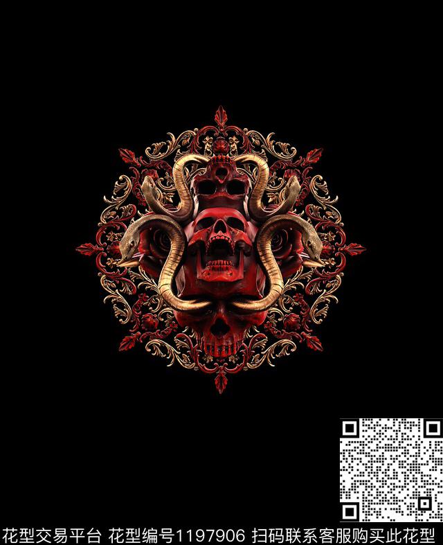 红骷髅头黄金金属花黄金双蛇潮牌男装华亿平台数码印花华亿平台下载（图片编号: 1197906） - 瓦栏（Walan）