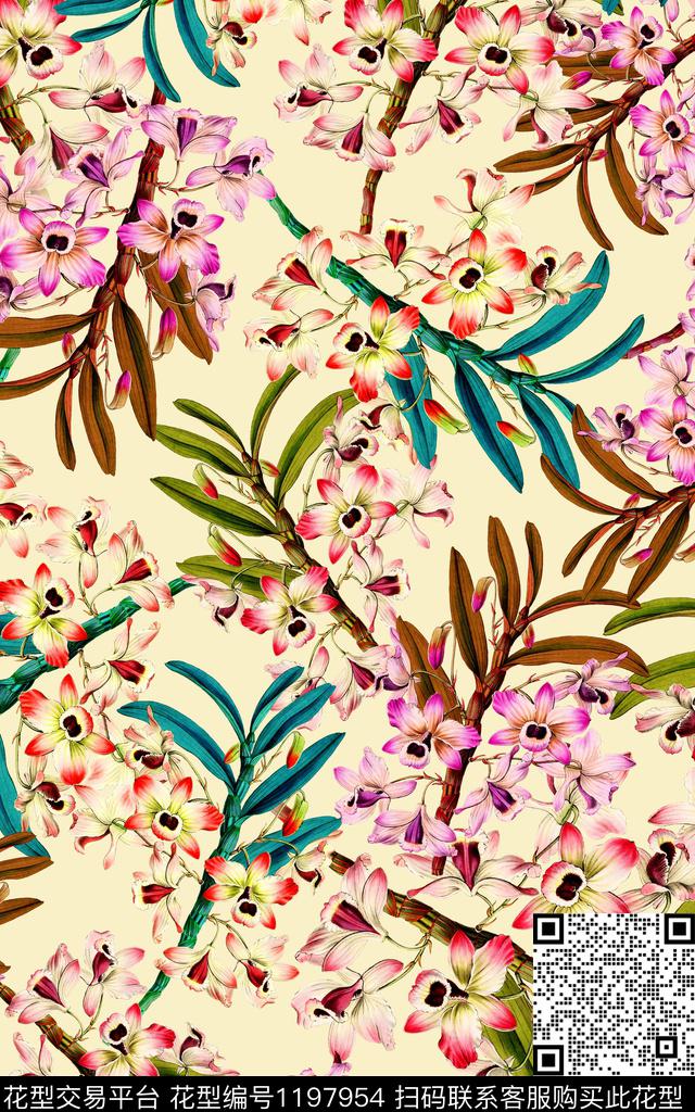 数码华亿平台手绘花卉数码印花华亿平台下载（图片编号: 1197954） - 瓦栏（Walan）
