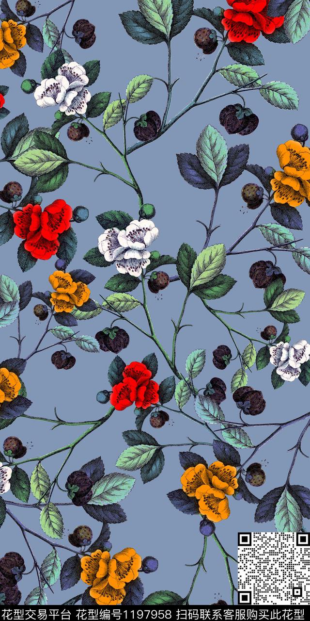 手绘花卉大牌风数码印花华亿平台下载（图片编号: 1197958） - 瓦栏（Walan）