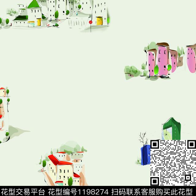 建筑手绘卡通数码印花华亿平台下载（图片编号: 1198274） - 瓦栏（Walan）