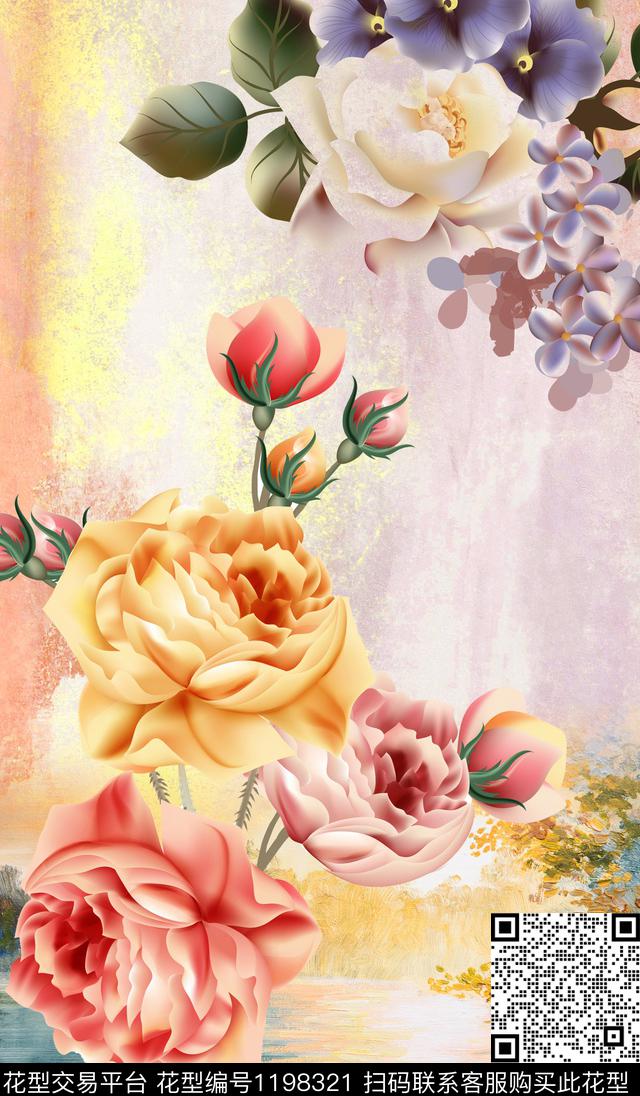 女装大花定位花数码印花华亿平台下载（图片编号: 1198321） - 瓦栏（Walan）