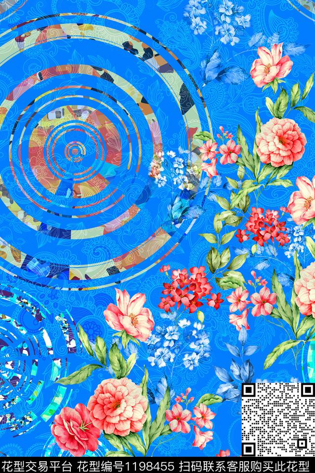 几何手绘花卉数码印花华亿平台下载（图片编号: 1198455） - 瓦栏（Walan）