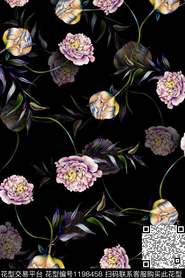 手绘大花牡丹植物数码印花华亿平台下载（图片编号: 1198458） - 瓦栏（Walan）