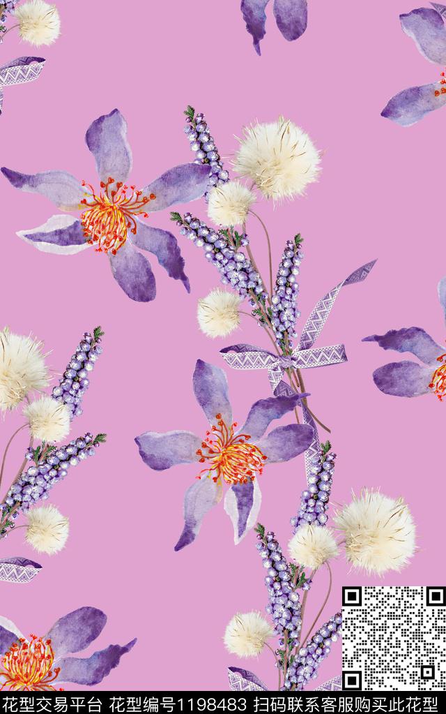 春夏华亿平台清爽底花卉水彩花卉数码印花华亿平台下载（图片编号: 1198483） - 瓦栏（Walan）