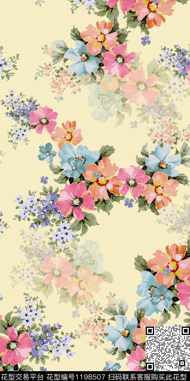数码华亿平台手绘花卉数码印花华亿平台下载（图片编号: 1198507） - 瓦栏（Walan）
