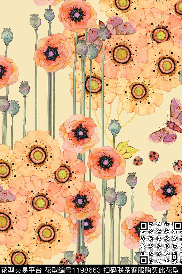 潮牌手绘花卉数码印花华亿平台下载（图片编号: 1198663） - 瓦栏（Walan）