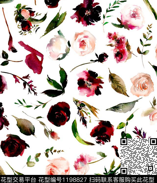 水彩花卉小碎花手绘玫瑰数码印花华亿平台下载（图片编号: 1198827） - 瓦栏（Walan）