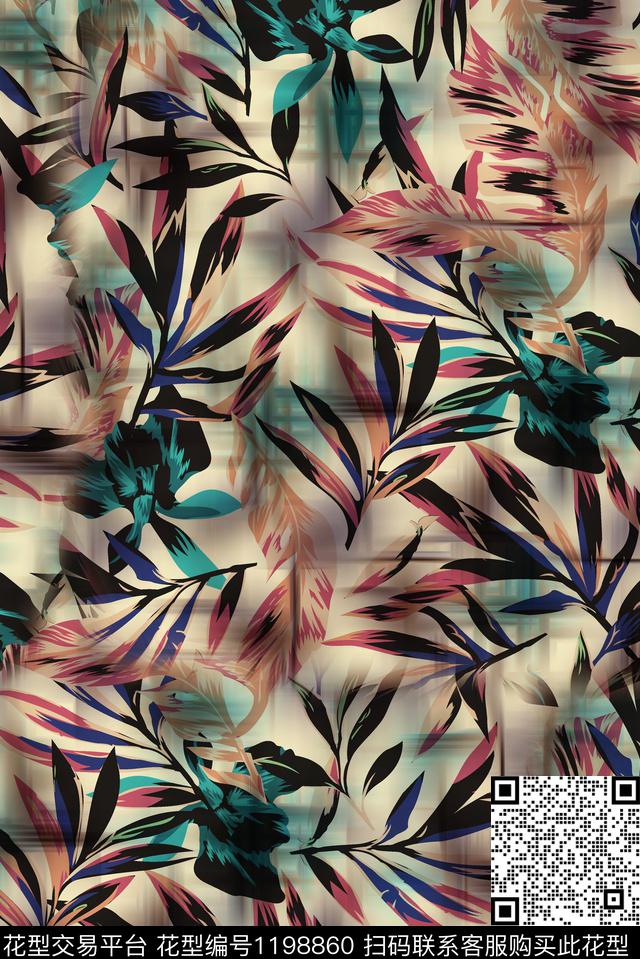 真丝热带华亿平台绿植树叶数码印花华亿平台下载（图片编号: 1198860） - 瓦栏（Walan）