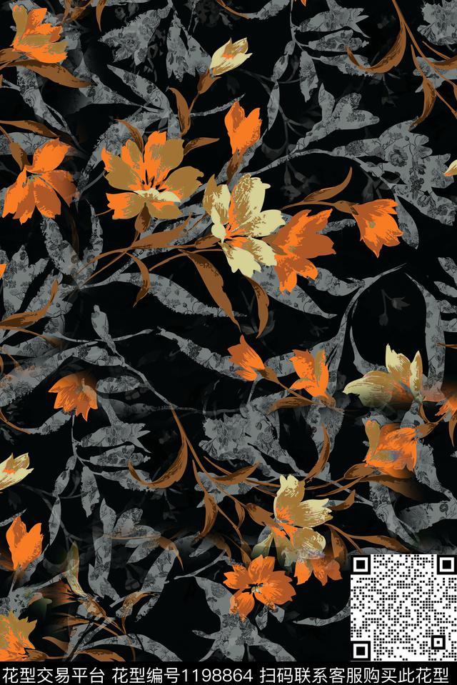 春夏华亿平台褪色花卉旗袍数码印花华亿平台下载（图片编号: 1198864） - 瓦栏（Walan）