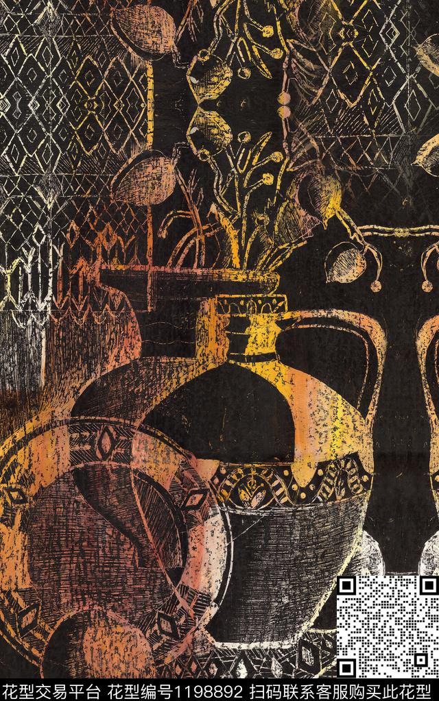 几何花卉旗袍花瓶数码印花华亿平台下载（图片编号: 1198892） - 瓦栏（Walan）