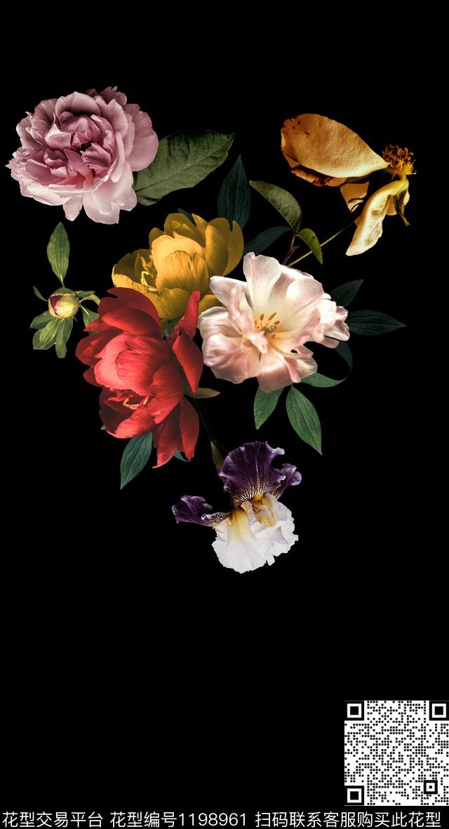 虞美人黑底花卉牡丹数码印花华亿平台下载（图片编号: 1198961） - 瓦栏（Walan）