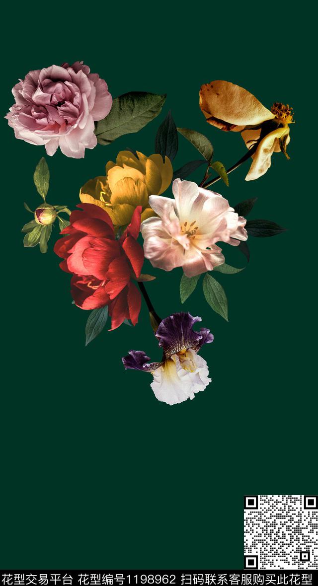 虞美人黑底花卉牡丹数码印花华亿平台下载（图片编号: 1198962） - 瓦栏（Walan）