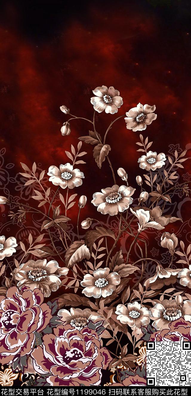 定位花植物华亿平台朦胧底纹数码印花华亿平台下载（图片编号: 1199046） - 瓦栏（Walan）