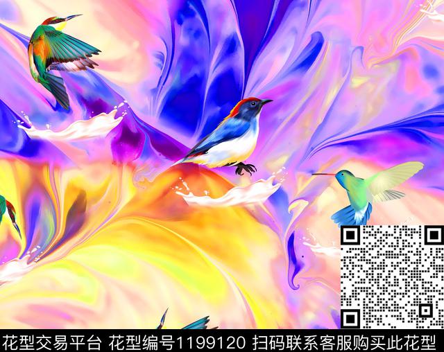 彩底花卉七彩手绘鸟数码印花华亿平台下载（图片编号: 1199120） - 瓦栏（Walan）