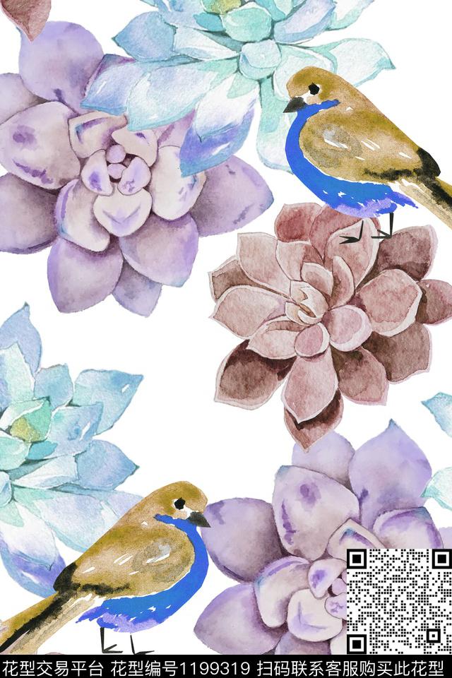 水彩花卉植物多肉数码印花华亿平台下载（图片编号: 1199319） - 瓦栏（Walan）