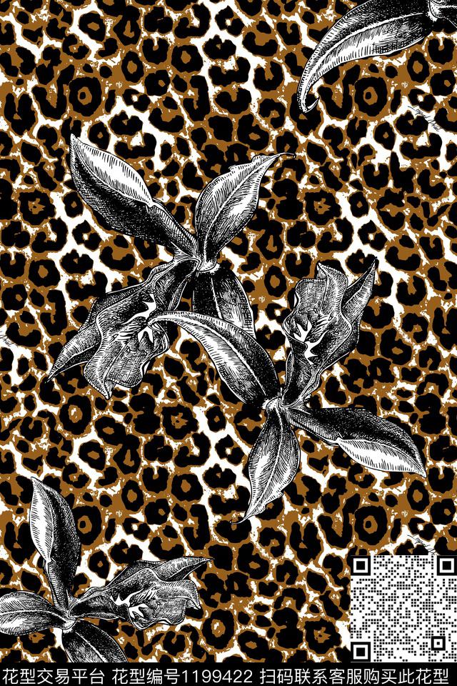 春夏华亿平台豹纹线描花朵传统印花华亿平台下载（图片编号: 1199422） - 瓦栏（Walan）