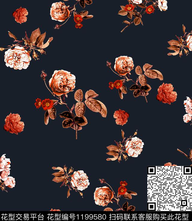 蔷薇花大牌风玫瑰花数码印花华亿平台下载（图片编号: 1199580） - 瓦栏（Walan）