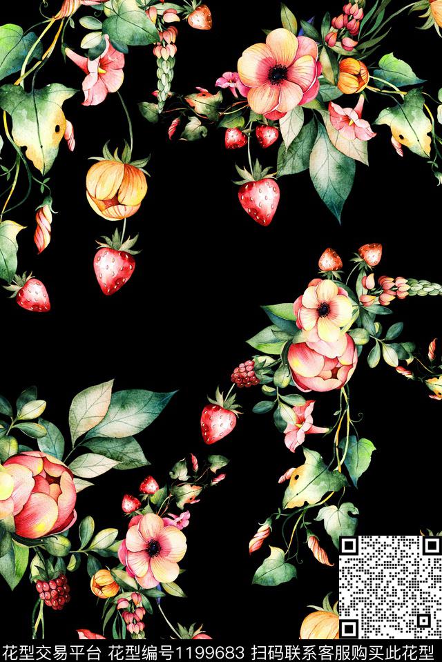 数码华亿平台手绘花卉数码印花华亿平台下载（图片编号: 1199683） - 瓦栏（Walan）