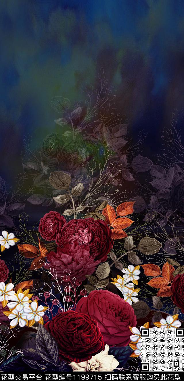 定位花大花朦胧底纹数码印花华亿平台下载（图片编号: 1199715） - 瓦栏（Walan）