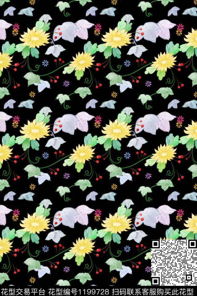 手绘小清新花纹数码印花华亿平台下载（图片编号: 1199728） - 瓦栏（Walan）