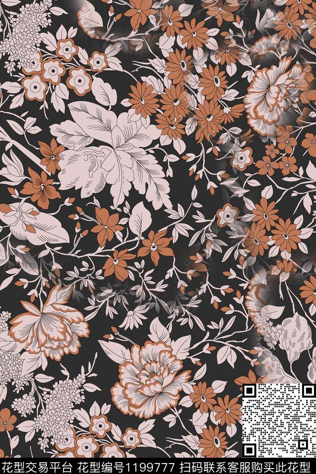 抽象花卉旗袍复古数码印花华亿平台下载（图片编号: 1199777） - 瓦栏（Walan）