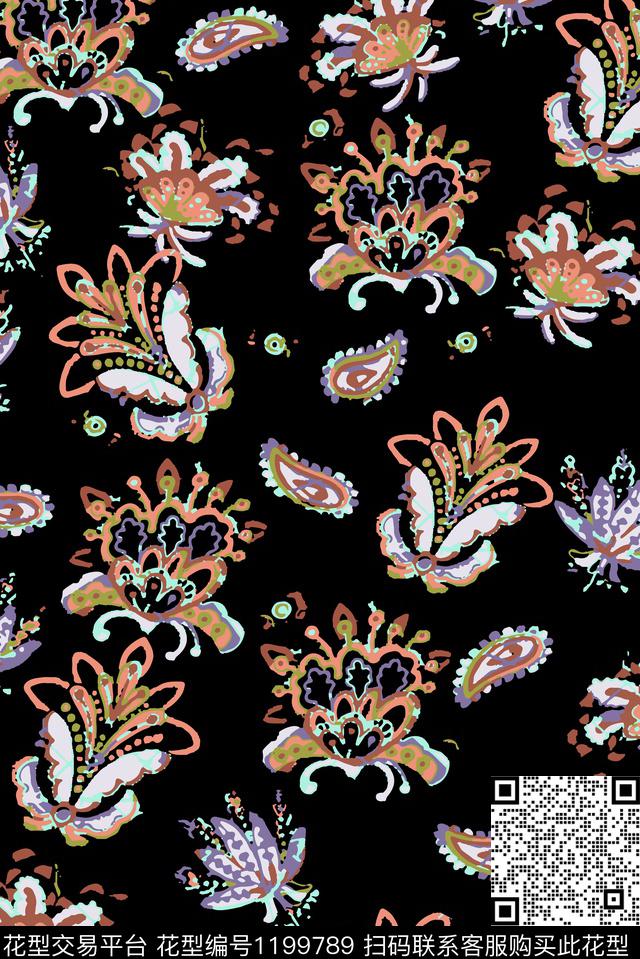 抽象花卉旗袍复古数码印花华亿平台下载（图片编号: 1199789） - 瓦栏（Walan）